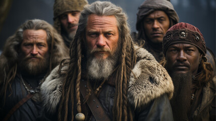 Fototapeta premium Norse Viking men, dressed in typical Viking attire