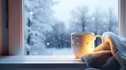 Winter holidays, evening calm and cosy home, cup of tea or coffee mug and knitted blanket near window in the English countryside cottage, holiday atmosphere