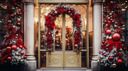 Christmas decoration details on English styled luxury high street city store door or shopping window display, holiday sale and shop decor - obrazy, fototapety, plakaty