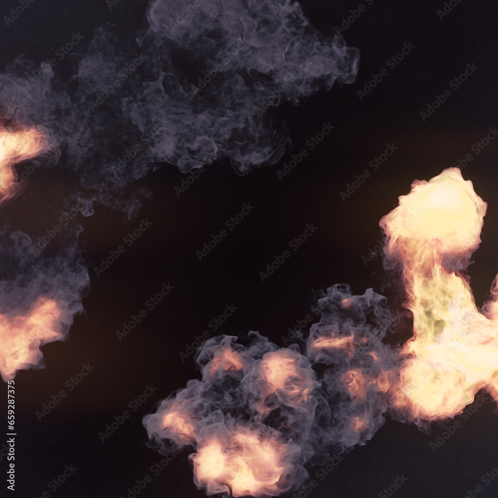 Poster fire explosions with smoke trails on dark background. abstract digital illustration. 3d rendering