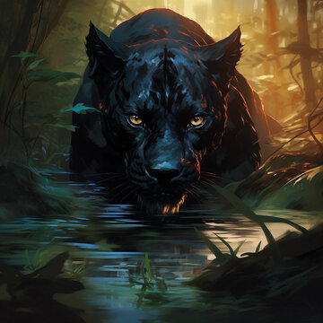 A Painting of a Black Panther Wading in Water
