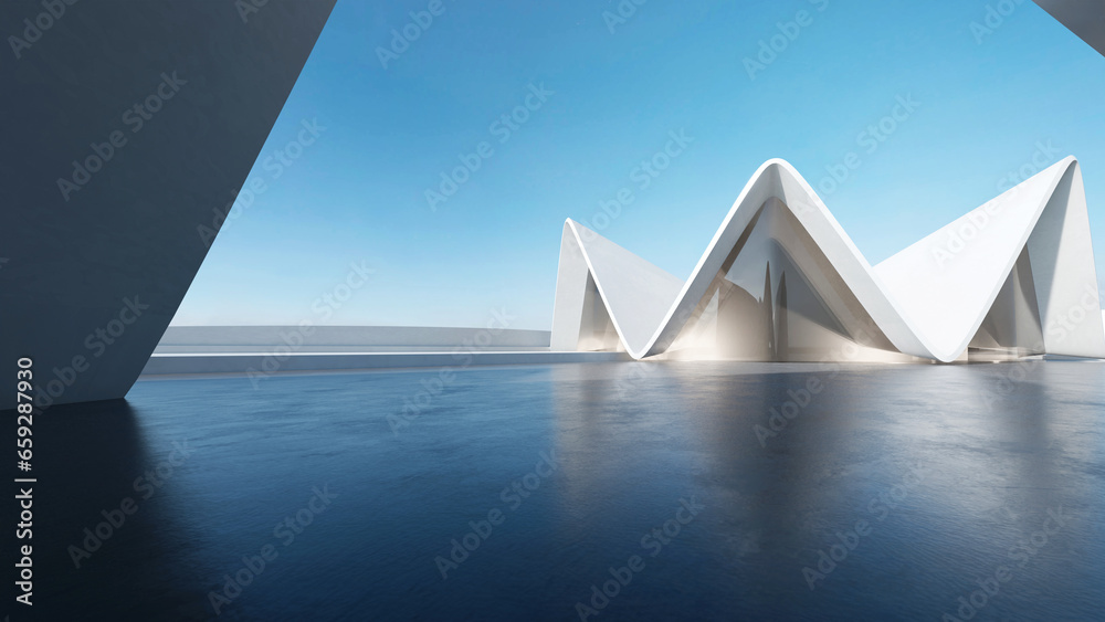 Leinwandbilder 3d render of abstract futuristic architecture with empty concrete floor. Scene for car presentation.