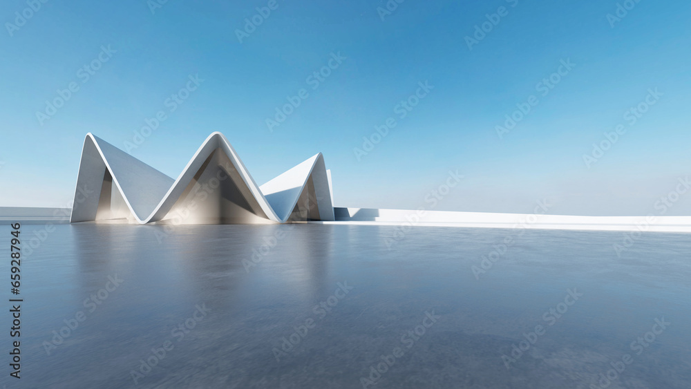 Poster 3d render of abstract futuristic architecture with empty concrete floor. Scene for car presentation.