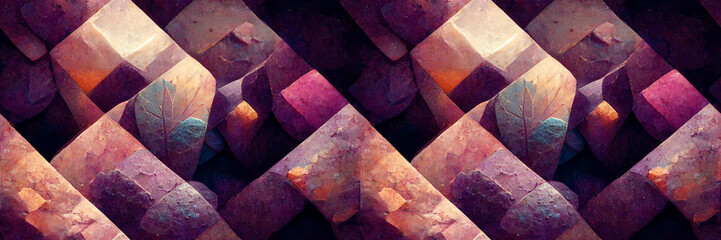 Beautiful abstract panoramic background. A colorful pattern of varied geometric shapes with a grainy texture in shades of burgundy and mauve. Wide background with seamless pattern. Generative AI.