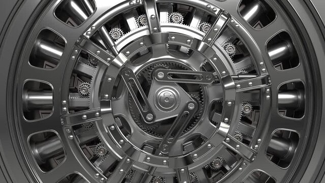 Round steel door of a bank vault. 3d animation