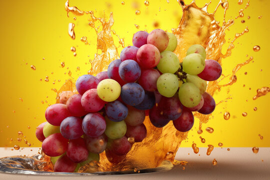 An vibrant photograph Viognier grape splashed in bright paint, contemporary background. 