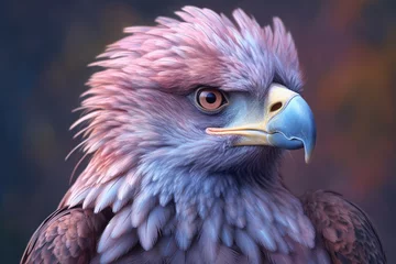 Foto op Plexiglas A pastel-colored Haast's Eagle with a majestic mane, rendered in soft hues of pink, purple, and blue, exuding a serene and regal presence © Natalia