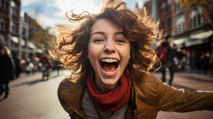Portrait of a happy girl on a blurred background, beautiful lighting. - obrazy, fototapety, plakaty