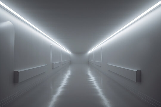 Interior and design concept. Abstract and minimalist long corridor with white glowing light. Mystical and horror mood. Background with copy space. Generative AI