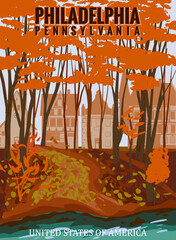 Philadelphia Autumn park valley, forest trail, walkway, river, lake, trees orange, yellow foliage. Poster fall seasone