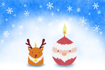 雪の結晶を背に立つサンタクロースとトナカイのキャンドルのイラスト