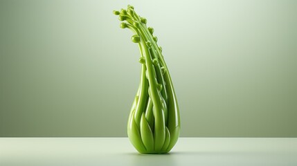 A vibrant green celery sculpture stands tall on a stark white surface, evoking feelings of freshness, growth, and the beauty of nature indoors