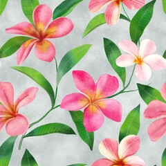 Tropical plumeria flowers and leaves watercolor seamless pattern. Exotic pink flowers composition. Colorful floral summer arrangement on textural background
