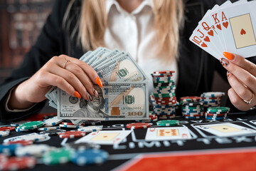 Female player sitting a table at a casino and play poker, jackpot