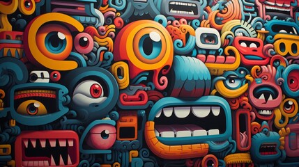 This whimsical cartoon art piece captures the joy of life through its vibrant array of shapes and colors, creating a unique and unforgettable expression