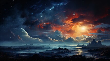 A night sky filled with stars, an infinite universe of clouds, and a breathtaking landscape of nature provide an awe-inspiring backdrop of drama and beauty