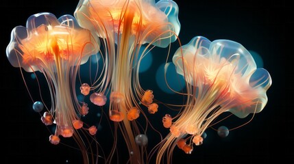A mesmerizing school of jellyfish with bioluminescent tentacles undulate gracefully through the illuminated aquarium, their ethereal beauty captivating all who behold them