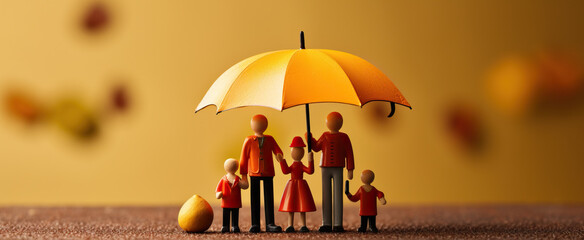 Happy family under the umbrella on raining wooden figurine model on table top background. People lifestyles and Relationships in love concept - obrazy, fototapety, plakaty