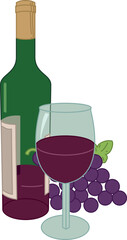 Colorful illustration of a bottle of wine, glass and grape. Vector picture isolated on white background.	