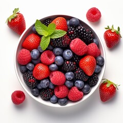 Mixed berries on a white surface, Generative AI.