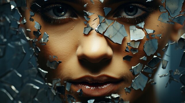 A woman stands boldly in the spotlight, her face adorned with glittering shards of broken glass, eyelashes shining and fashion choices daring