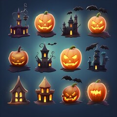 Halloween set of pumpkins, ghosts, haunted house, bats and castle on solid background.