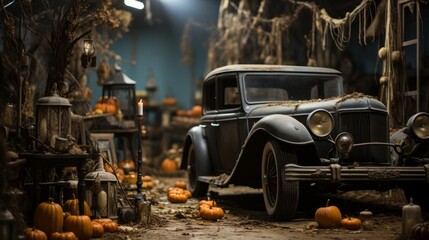 The old-fashioned vehicle, parked outdoors among the pumpkins and candles, seemed to be a strange yet beautiful blend of the earthy and the surreal