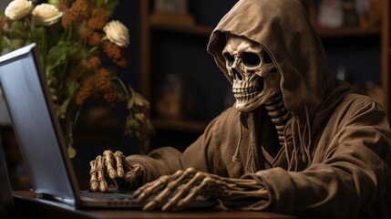 A solitary figure sits in a darkened room, their skeletal frame draped in a hoodie as they work diligently on a laptop, a still statue amidst the digital glow