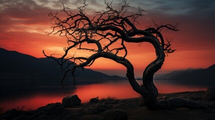 A beautiful silhouette of a lone tree stands majestically against a vivid backdrop of the orange and pink sky, as the sun sets over the tranquil lake and distant mountains