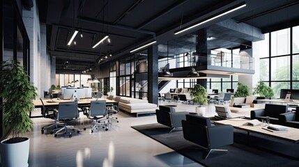 Interior of modern open space office with black walls, concrete floor, rows of computer tables and glass doors