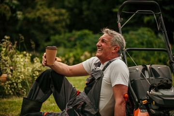 A hardworking senior gentleman finds solace in his meticulously maintained backyard, unwinding with a cup of coffee