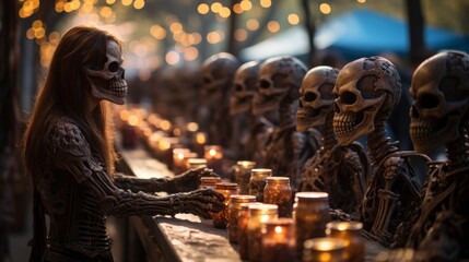 A candle-lit outdoor gathering of eerily stylish people cloaked in skeleton-printed clothing casts a surreal, haunting light