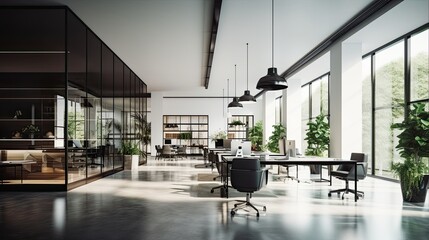 Interior of modern open space office with black walls, concrete floor, rows of computer tables and glass doors