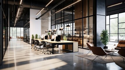Interior of modern open space office with black walls, concrete floor, rows of computer tables and glass doors - obrazy, fototapety, plakaty