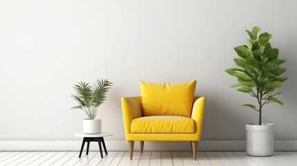 Interior of living room with yellow armchair and mock up poster frame