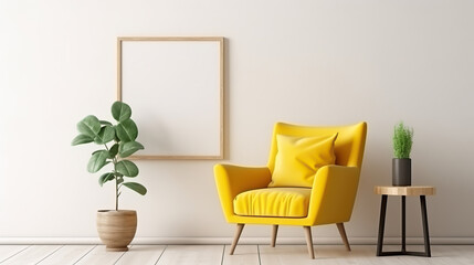 Interior of living room with yellow armchair and mock up poster frame