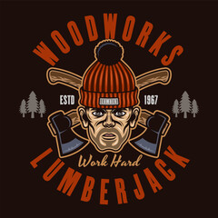 Lumberjack head in knitted hat and crossed axes vector emblem in colored style on dark background