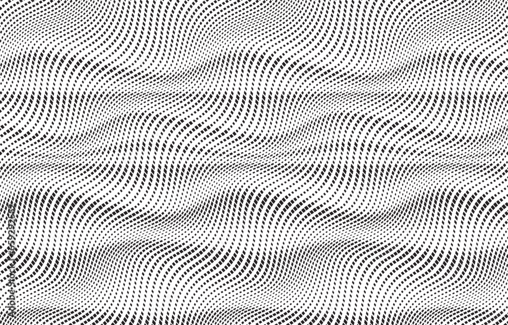 Poster abstract decorative half toned wavy striped background in black and white. seamless square dot patte