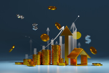 3D Rendering house model, dollar sign and golden coin with arrow pointing upwards background, Financial and banking about house concept, Investment and financial success concept background.