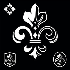 Fototapeta premium White royal lily on a black background. Heraldic sign, logo, design element, decoration. Graphic vector pattern