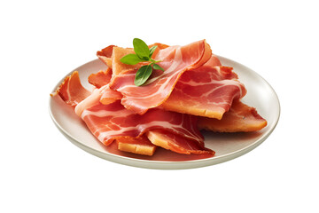 Parma ham on plate isolated on transparent background. - obrazy, fototapety, plakaty