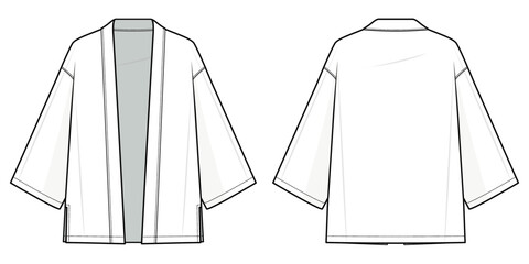 kimono top fashion flat technical fashion illustration. Flat apparel, kimono fashion flat technical drawing template. front and back view, white color, unisex, CAD mock set.