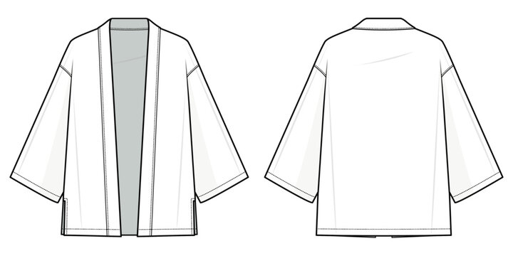 kimono top fashion flat technical fashion illustration. Flat apparel, kimono fashion flat technical drawing template. front and back view, white color, unisex, CAD mock set.