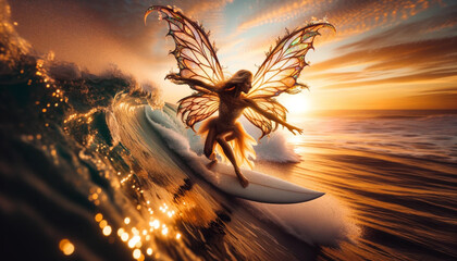 Golden Surf: The Sea Fairy's Radiant Ride - obrazy, fototapety, plakaty