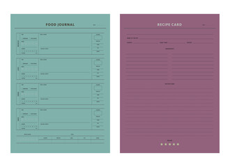 (Vintage) Recipe card and Food Journal planner. Minimalist planner template set. Vector illustration.	