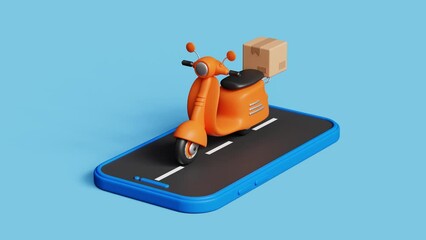 3D delivery courier service. Shipping orders. Online order tracking. Parcel transport service. 3D scooter moving on smartphone with package. 4k 3d loop animation