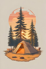 Artwork of field tent spruce tree - obrazy, fototapety, plakaty