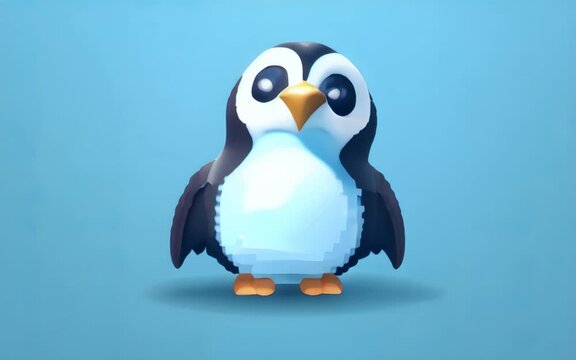 A pixel penguin on a blue background. Pixel art concept. Cartoon style. Generative AI