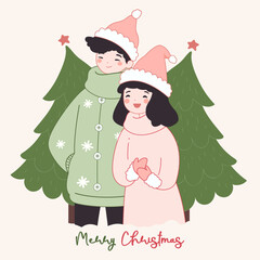 Obraz na płótnie Canvas Cute hand drawn style vector illustration of couple celebrate Chtistmas and New Year in winter clothes. Merry Christmas and Happy New Year 2024 greeting card. Tree with star on background. Poster.