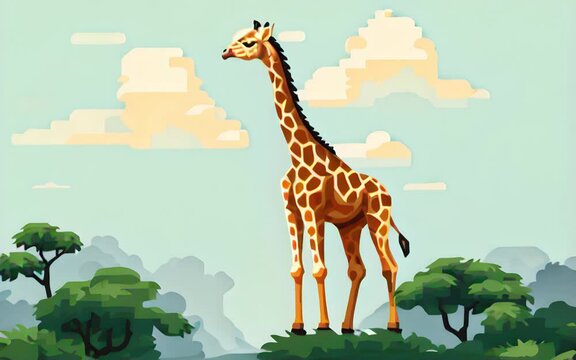 Pixel giraffe on the background of the forest and the sky. Pixel art concept. Cartoon style. Generative AI
